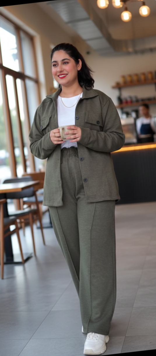 Olive Green Flap Pocket Fleece Coord Set for Women