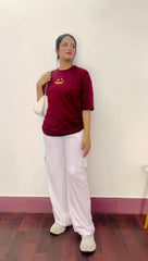 Womens Maroon Oversized Drop Shoulder Tshirt & White Cargo Trouser Coord Set