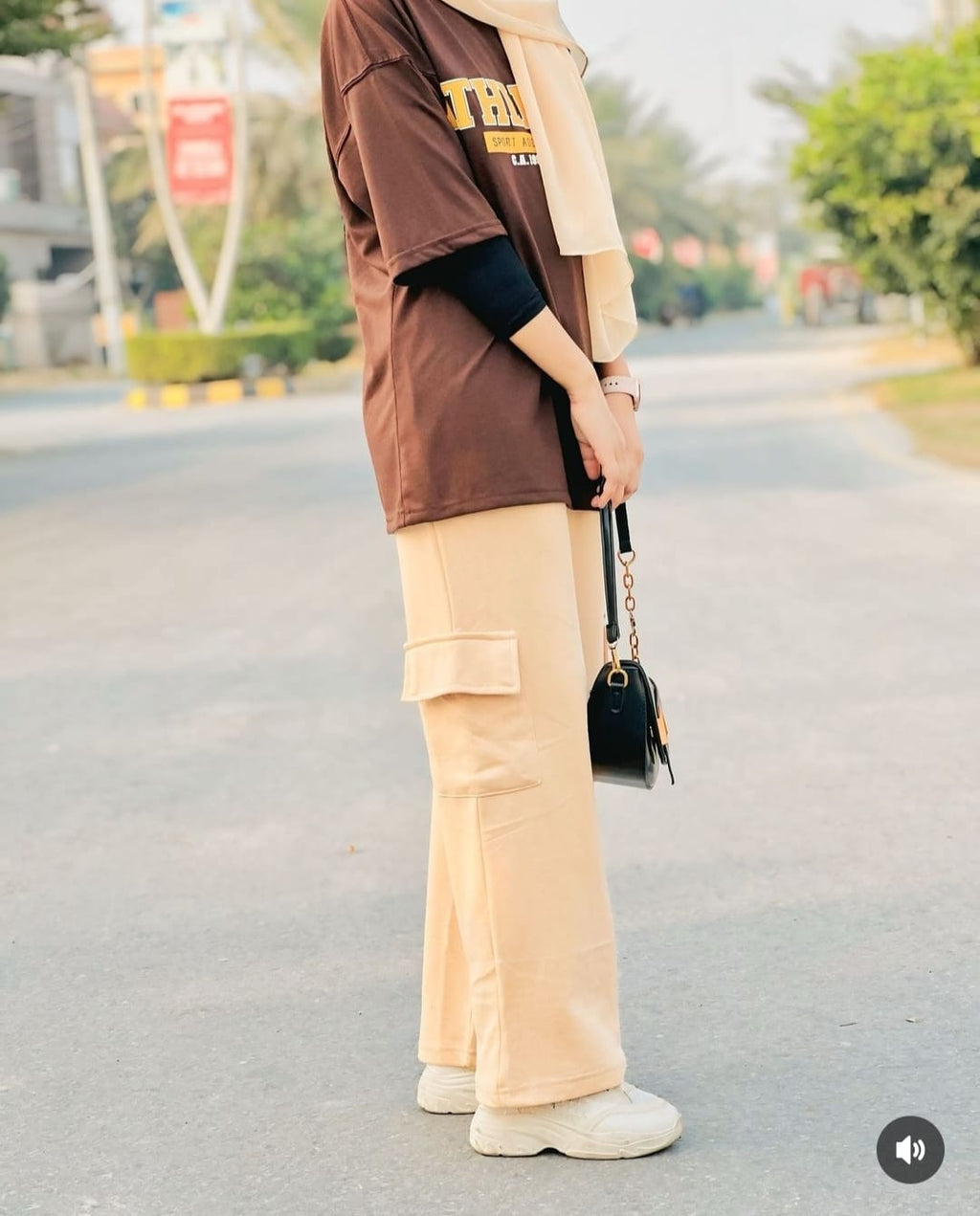 Womens Dark Brown Oversized Tshirt And Cargo Wide Leg Trouser coord Set