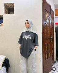 WOMENS STEEL GREY OVERSIZED DROP SHOULDER TSHIRT AND CARGO WIDE LEG TROUSER COORD