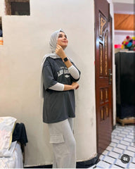 WOMENS STEEL GREY OVERSIZED DROP SHOULDER TSHIRT AND CARGO WIDE LEG TROUSER COORD