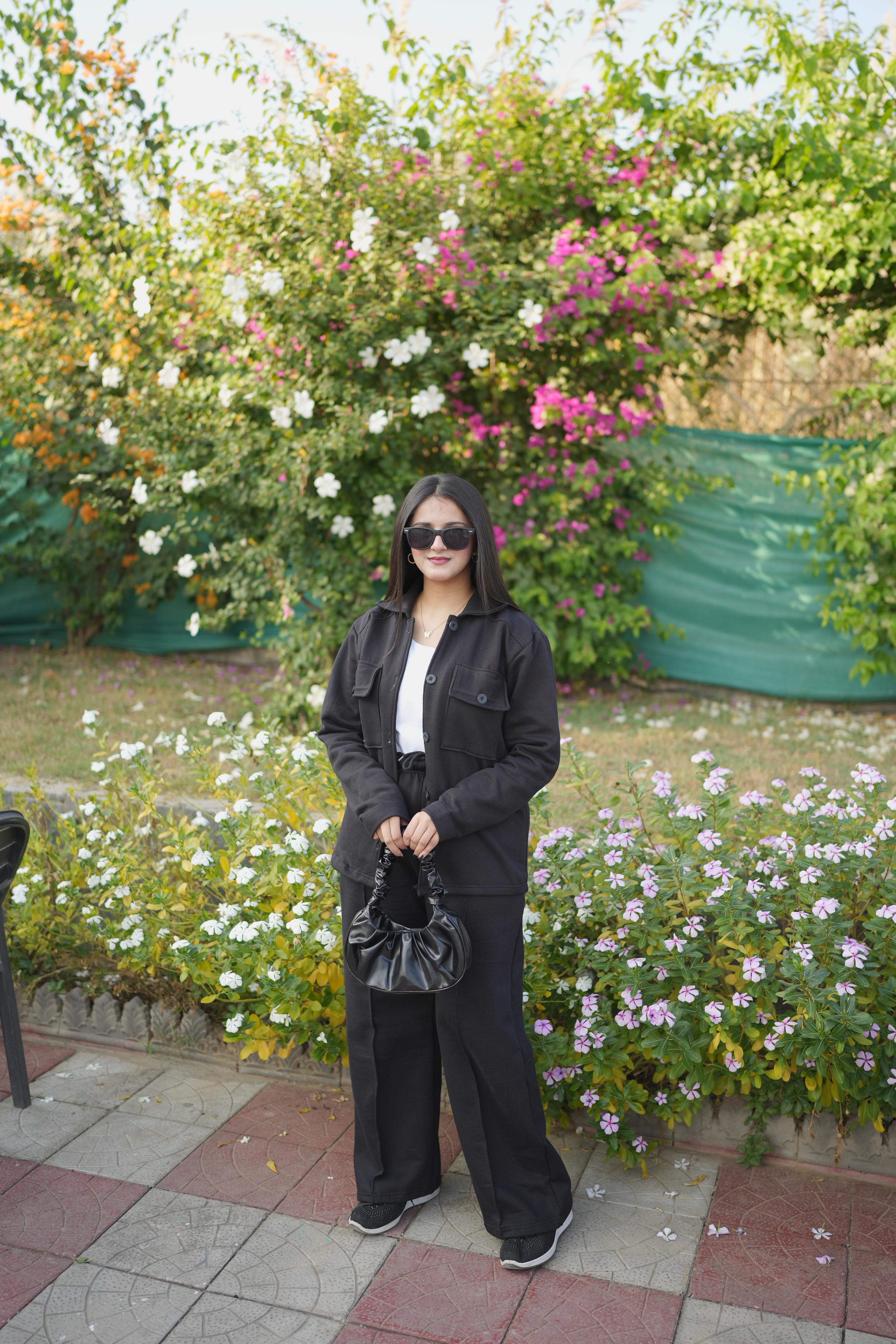 Womens Black Flap Pocket Fleece Cord Set