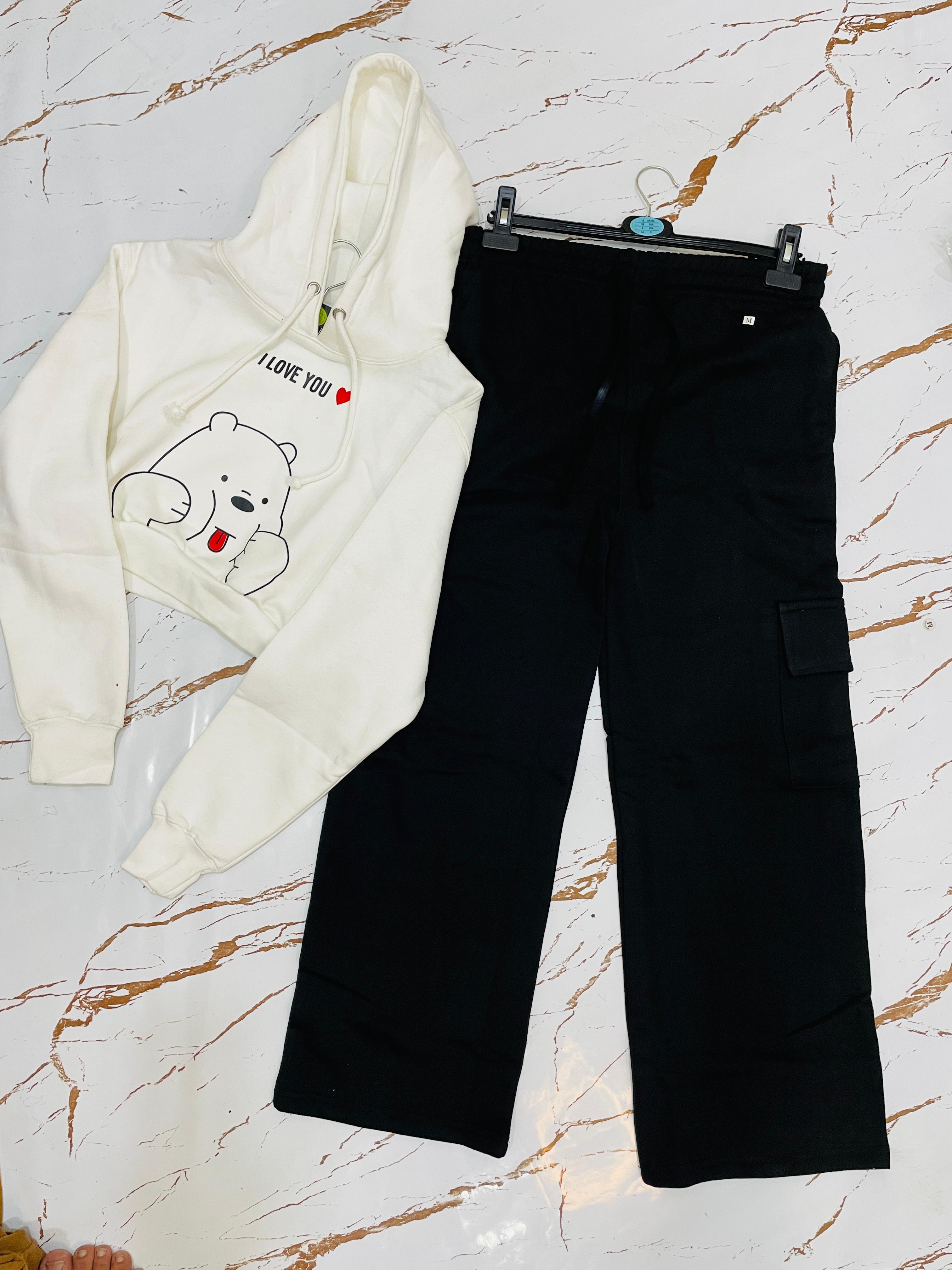 Crop Hoodie with Cargo Wide-Leg Trousers Set