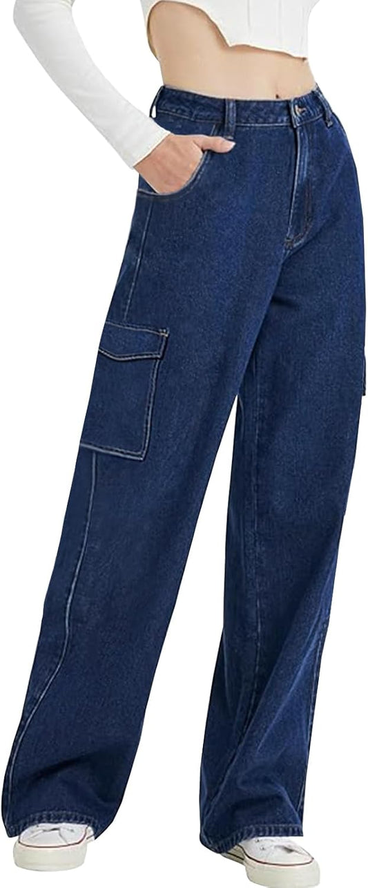 Women Blue Trendy Side Pocket Cargo Jeans