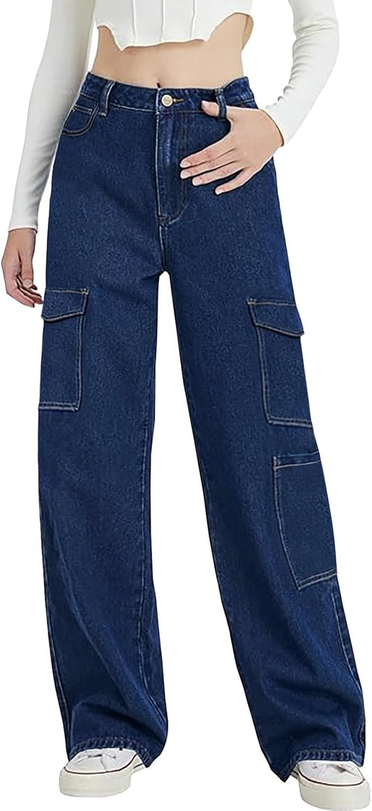 Women Blue Trendy Side Pocket Cargo Jeans