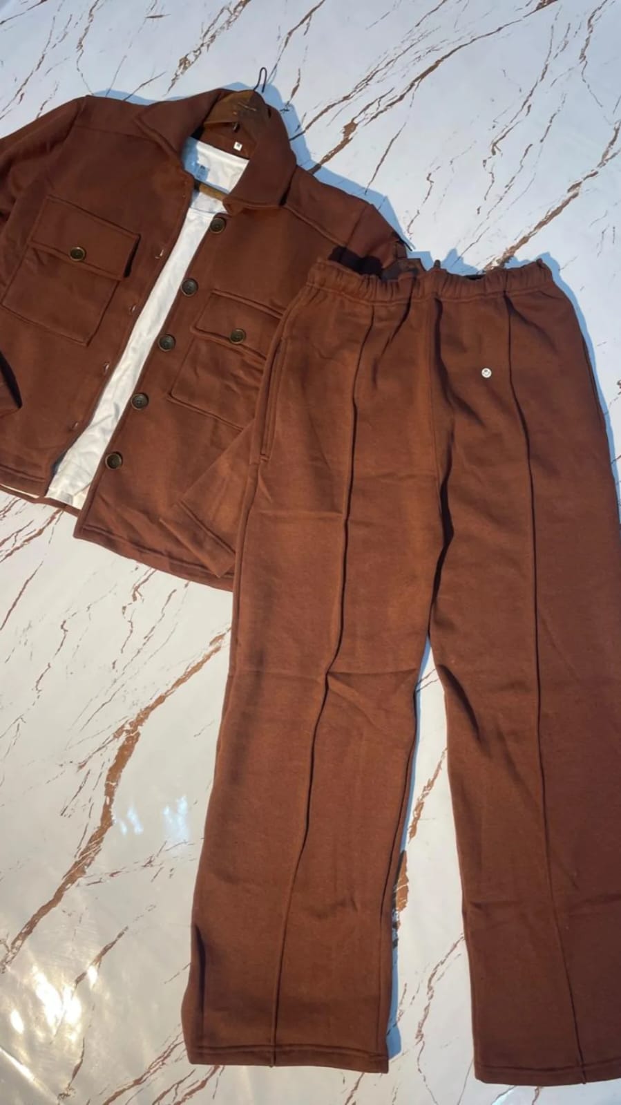 Brown Flap Pocket Fleece Cord Set for Women