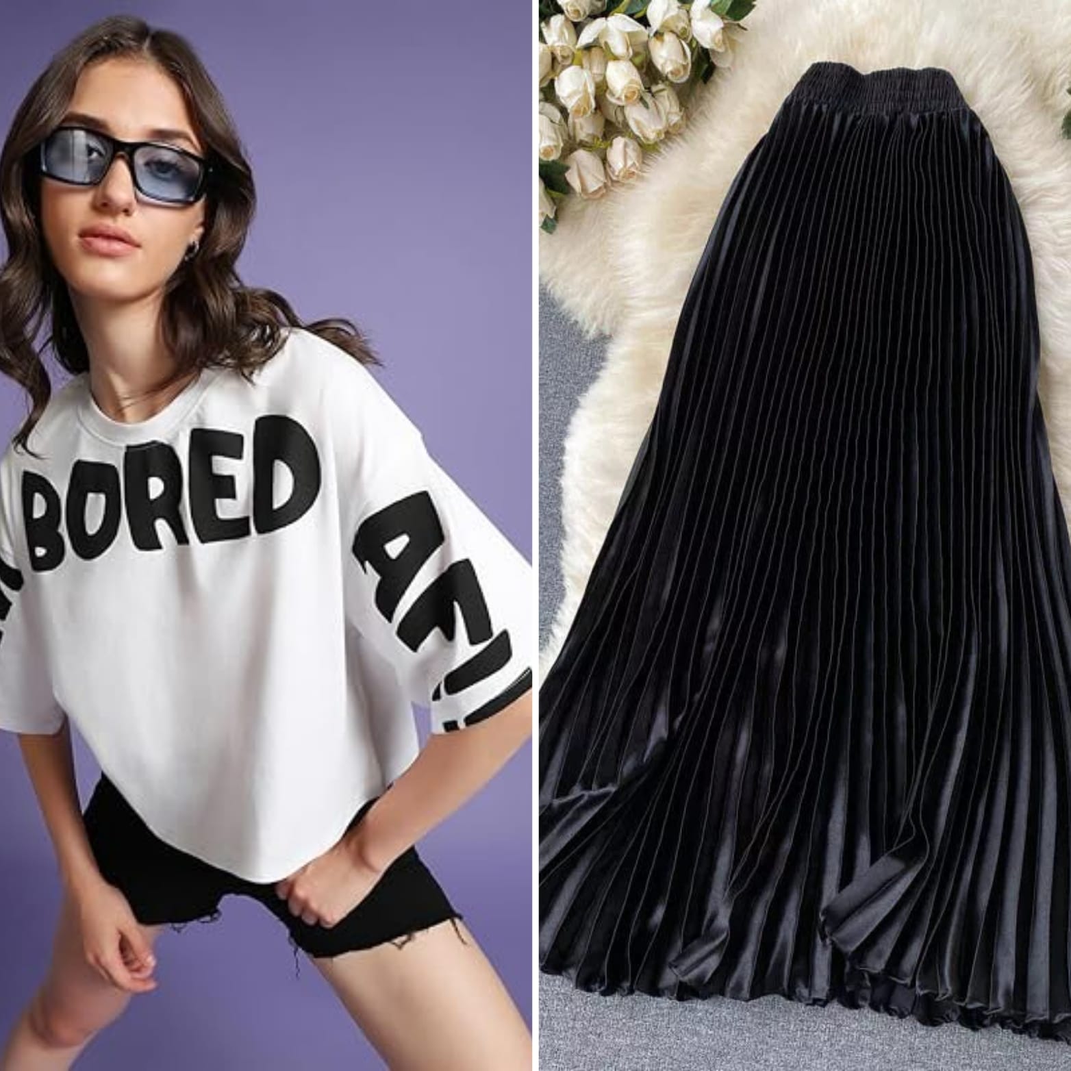 White Oversized Croptop With Pleated Silk Skirt - Glam & Comfy Combo