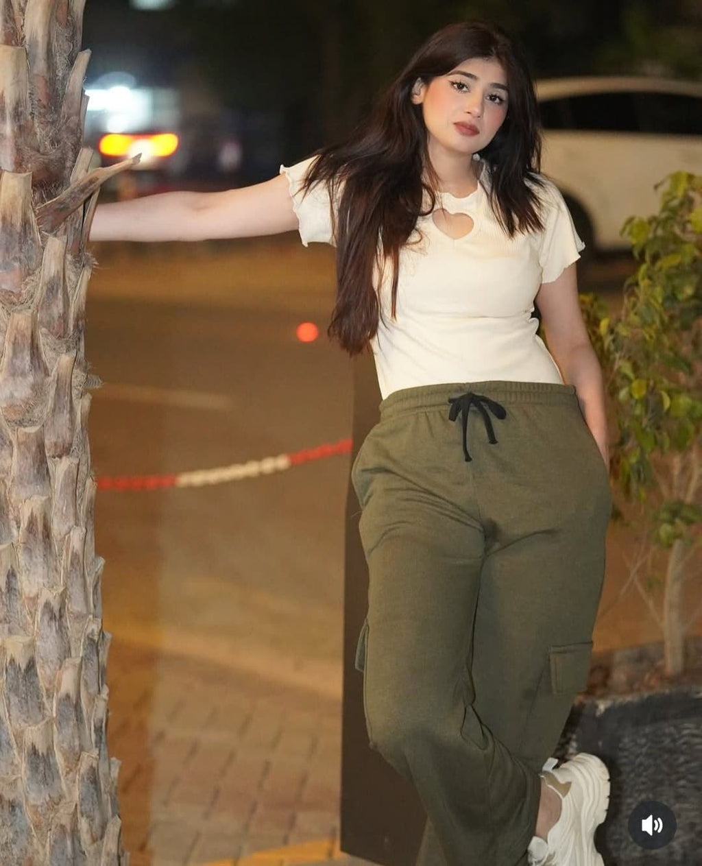 Womens Cute Heart Top With Olive Green Cargo Wide Leg Trouser