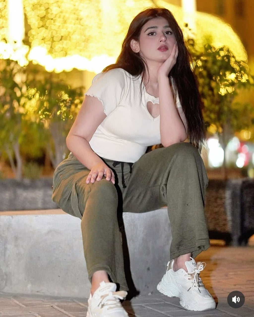 Womens Cute Heart Top With Olive Green Cargo Wide Leg Trouser