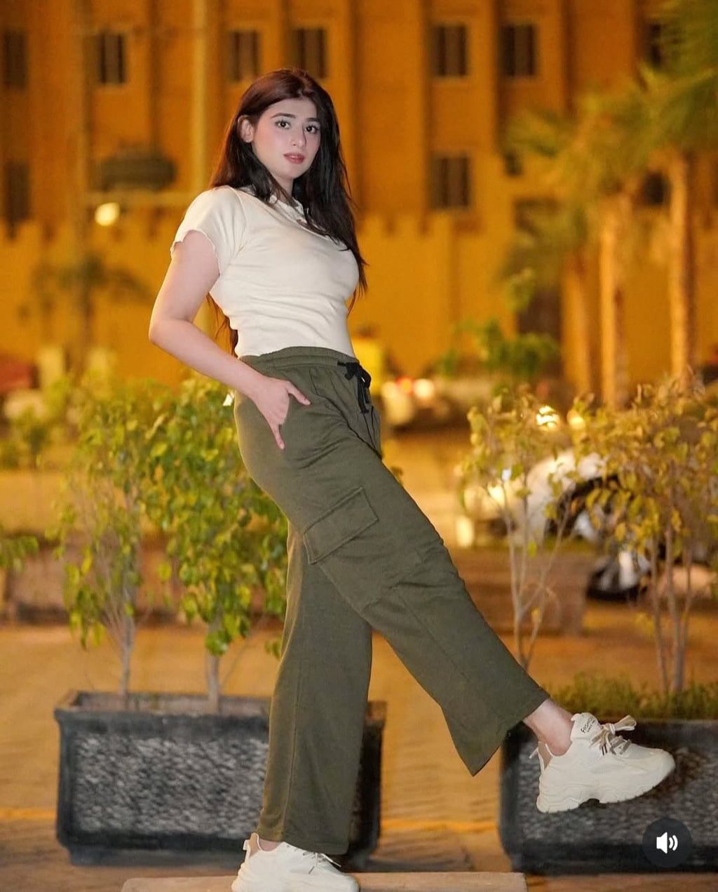 Womens Cute Heart Top With Olive Green Cargo Wide Leg Trouser