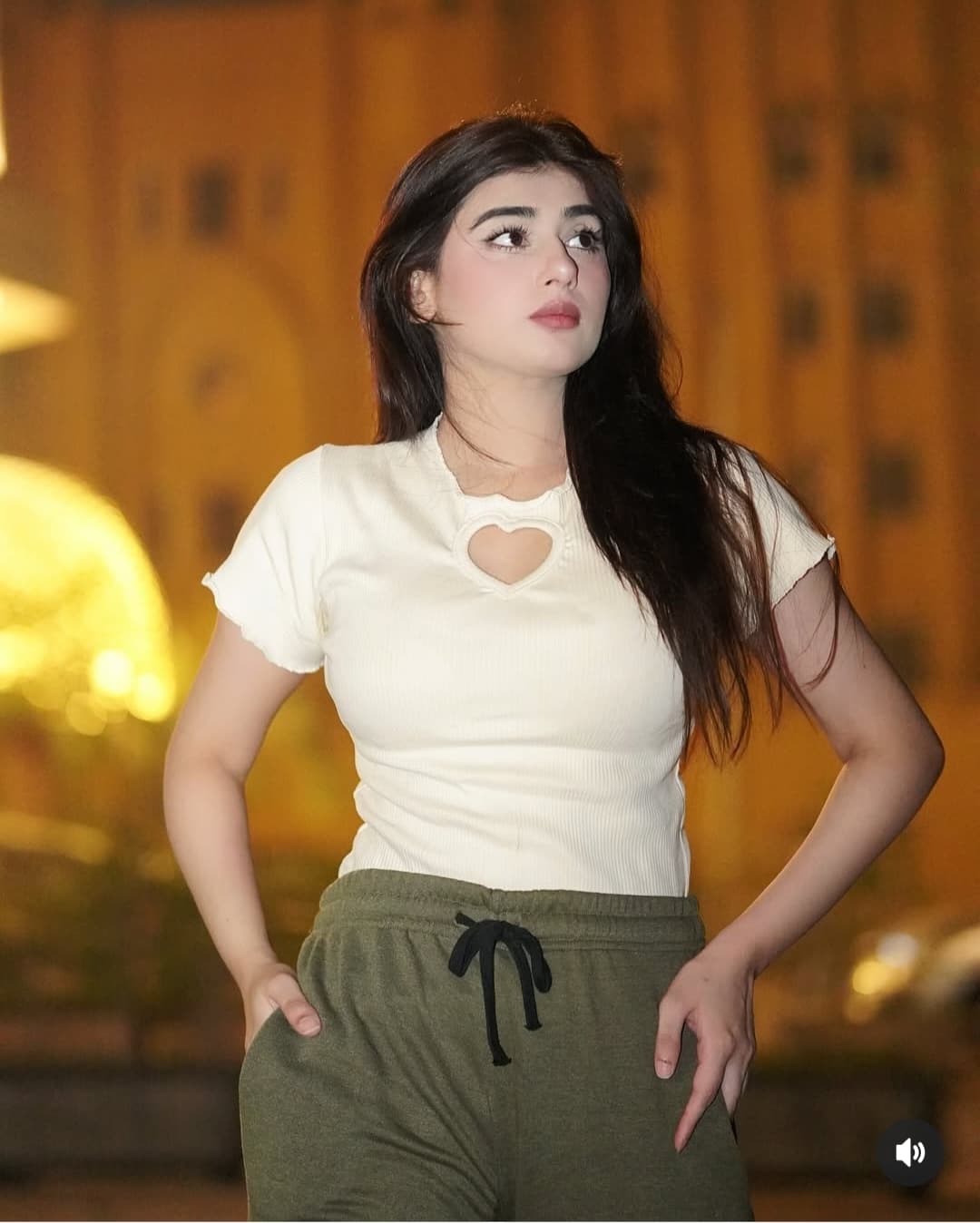 Womens Cute Heart Top With Olive Green Cargo Wide Leg Trouser