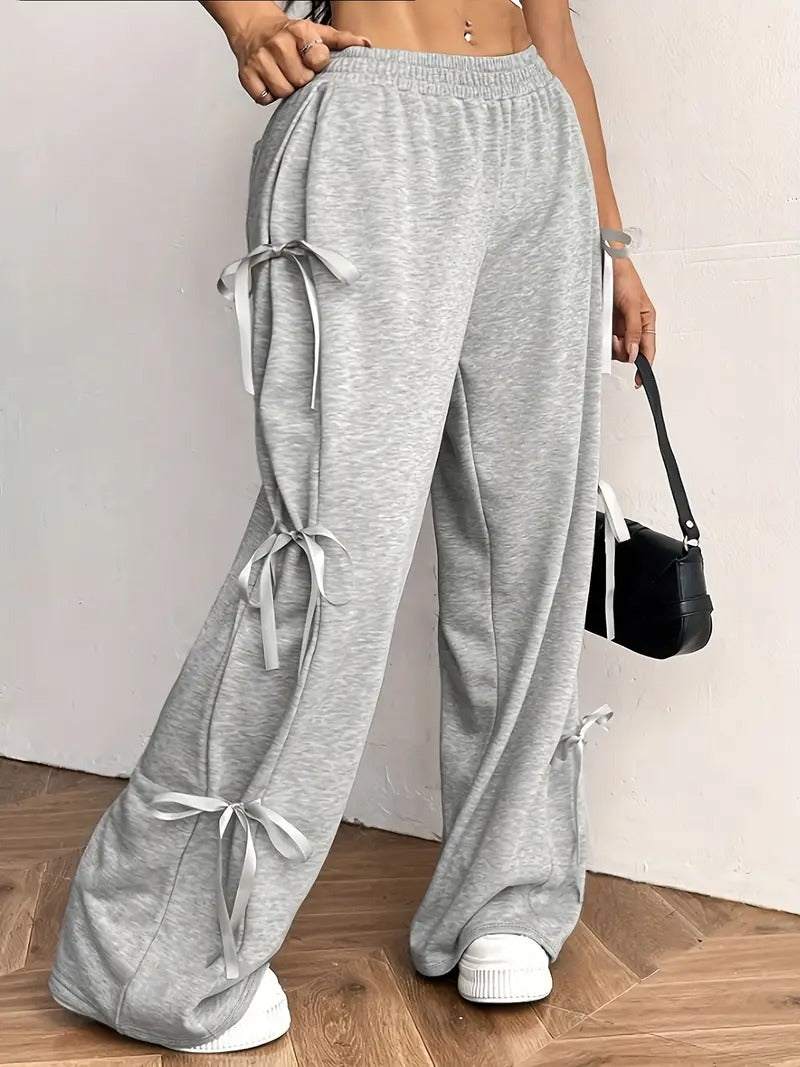Ribbon-Tied Relaxed Fit Wide-Leg Trousers