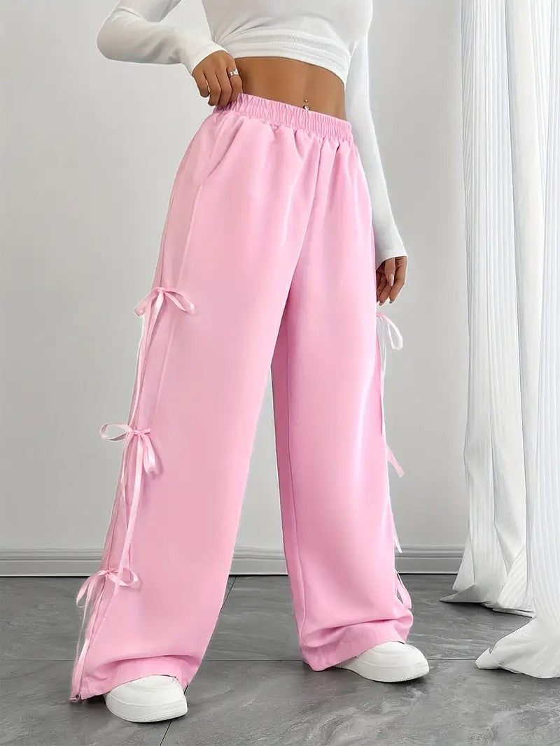 Ribbon-Tied Relaxed Fit Wide-Leg Trousers