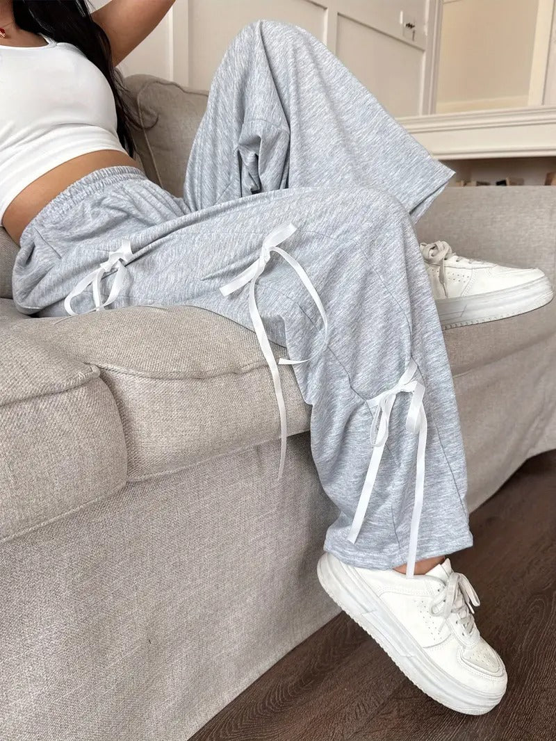 Ribbon-Tied Relaxed Fit Wide-Leg Trousers