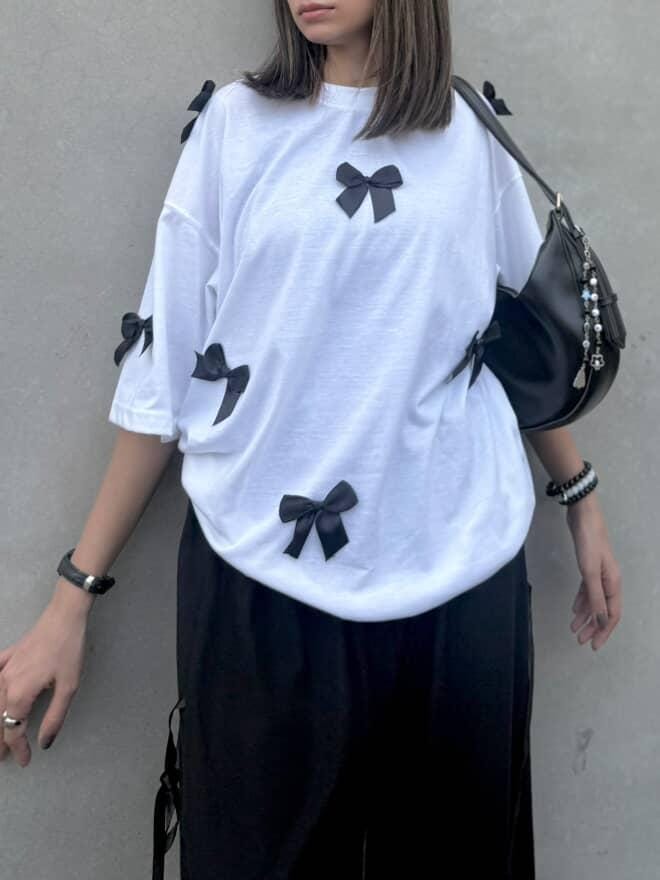 Bow All Over Drop Shoulder Tee Paired with Ribbon-Tied Wide-Leg Trousers