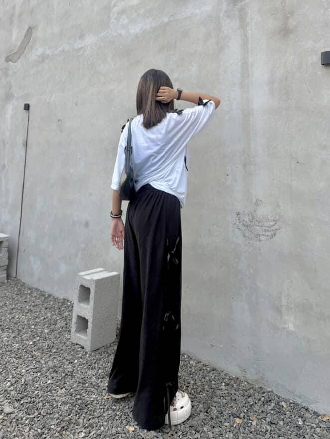 Bow All Over Drop Shoulder Tee Paired with Ribbon-Tied Wide-Leg Trousers
