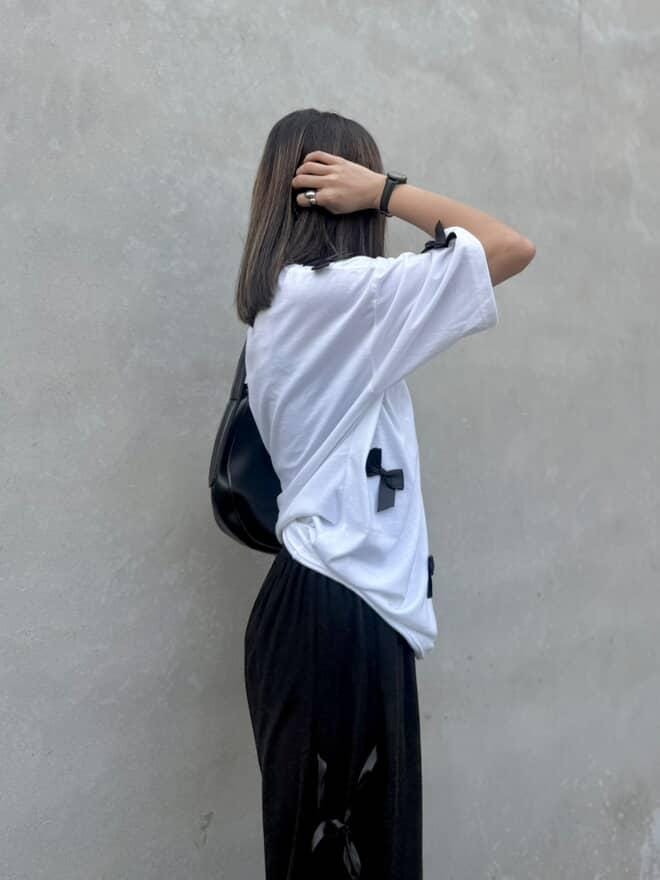 Bow All Over Drop Shoulder Tee Paired with Ribbon-Tied Wide-Leg Trousers