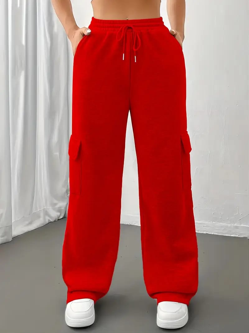 Relaxed & Trendy Wide-Leg Red Cargo Flap Pocket Touser
