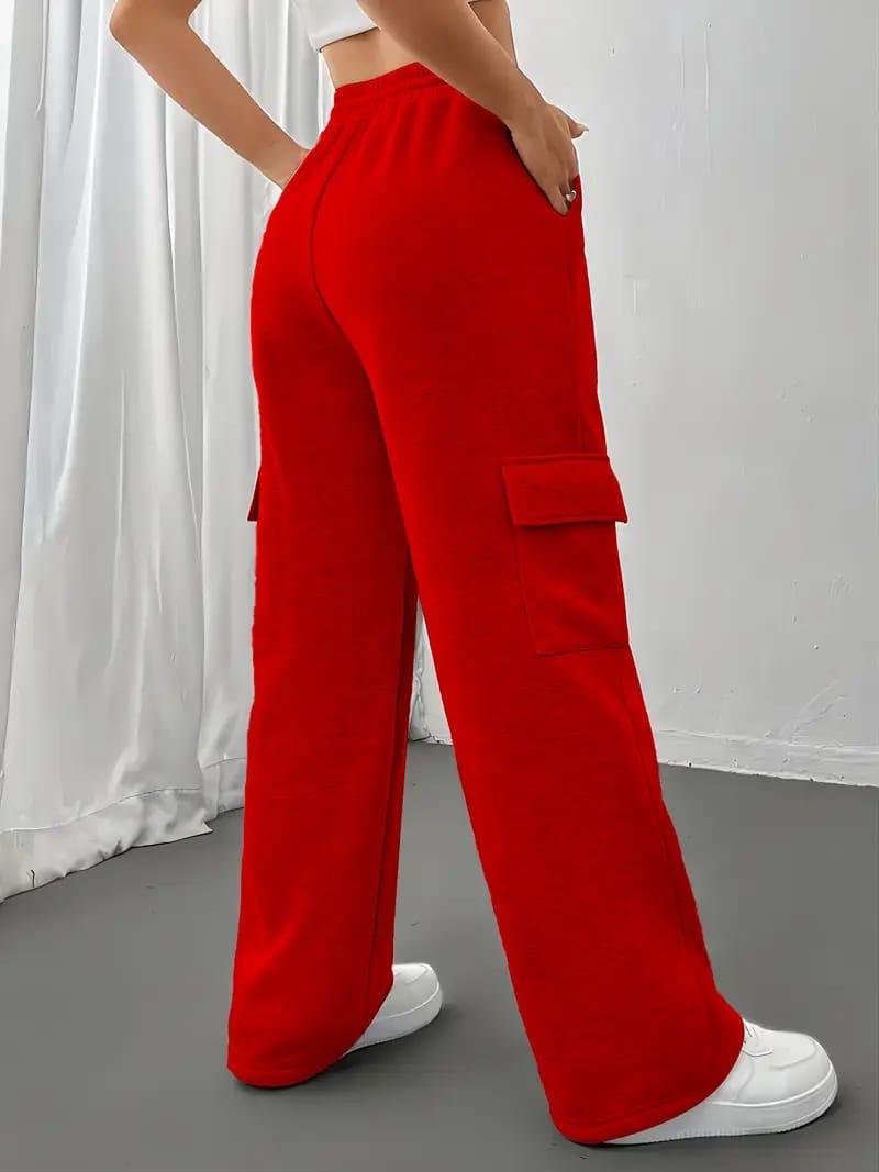 Relaxed & Trendy Wide-Leg Red Cargo Flap Pocket Touser
