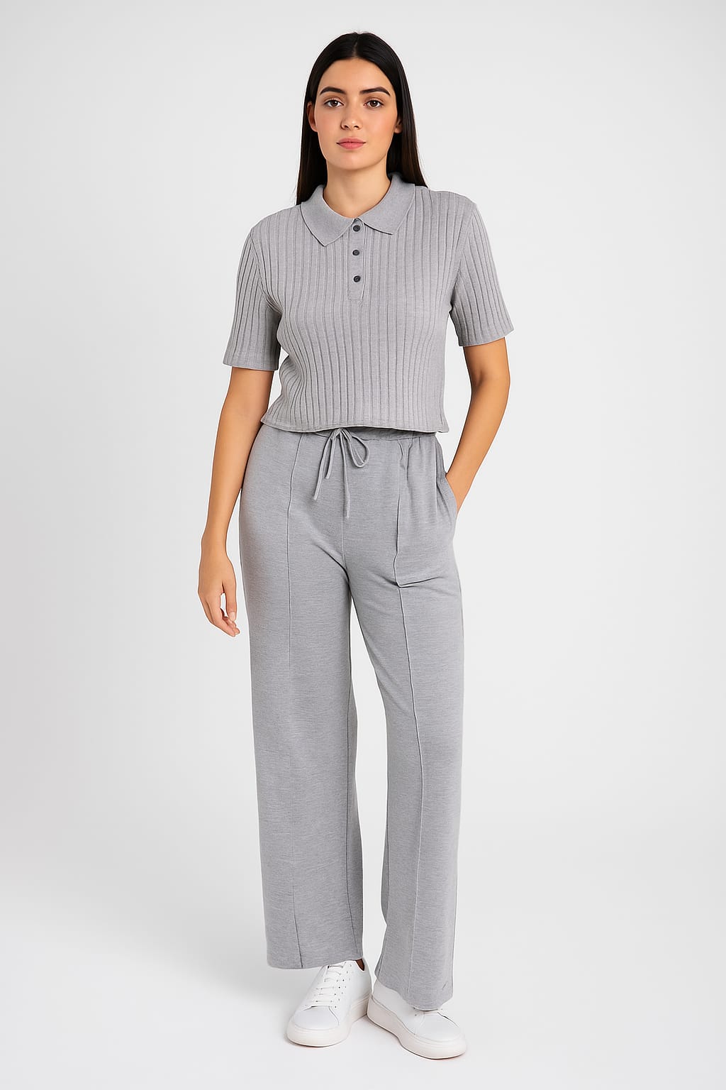 Women’s Grey Polo Crop Shirt & Grey Lined Summer Trousers Set
