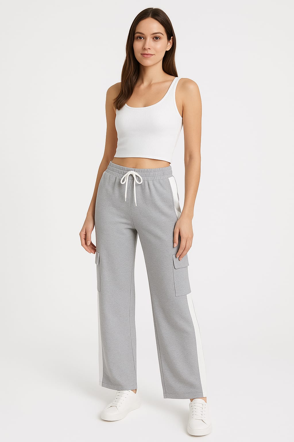 Women’s Grey & White Striped Wide-Leg Cargo Summer Trousers