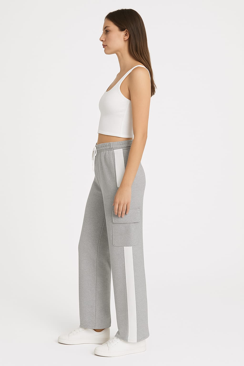 Women’s Grey & White Striped Wide-Leg Cargo Summer Trousers