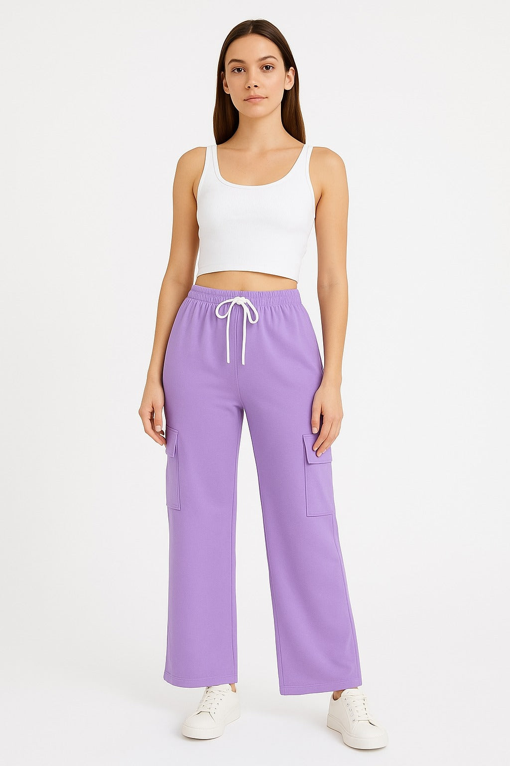 Women’s Lilac Cargo-Pockets Wide-Leg Summer Trousers