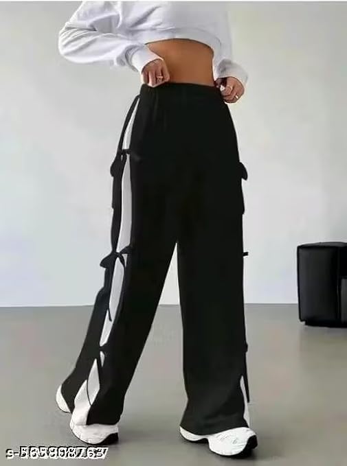 Womens  Cute Summer Wide-Leg Trousers with Side Bow Details - Black