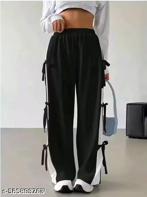 Womens  Cute Summer Wide-Leg Trousers with Side Bow Details - Black