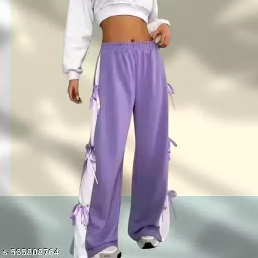 Womens Cute Summer Wide-Leg Trousers with Side Bow Details - Lilac