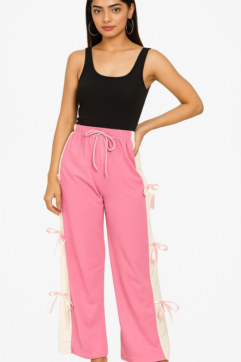 Womens Cute Summer Wide-Leg Trousers with Side Bow Details - Pink