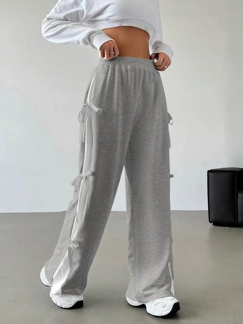 Womens Cute Summer Wide-Leg Trousers with Side Bow Details - Grey