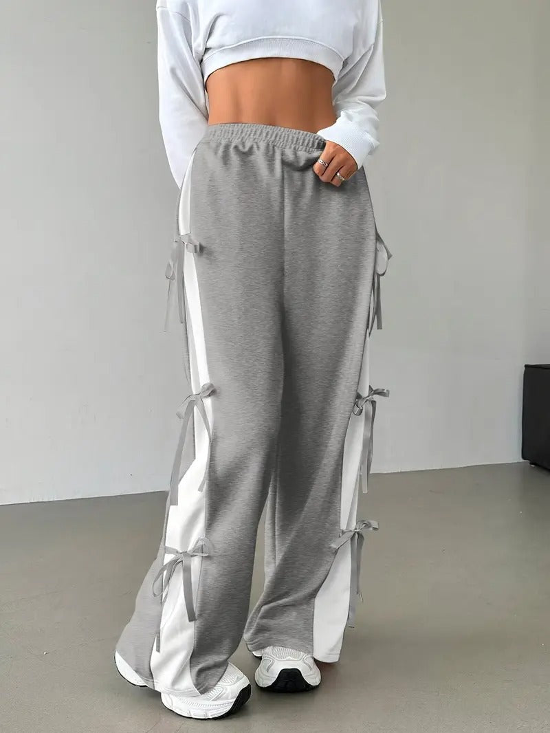 Womens Cute Summer Wide-Leg Trousers with Side Bow Details - Grey