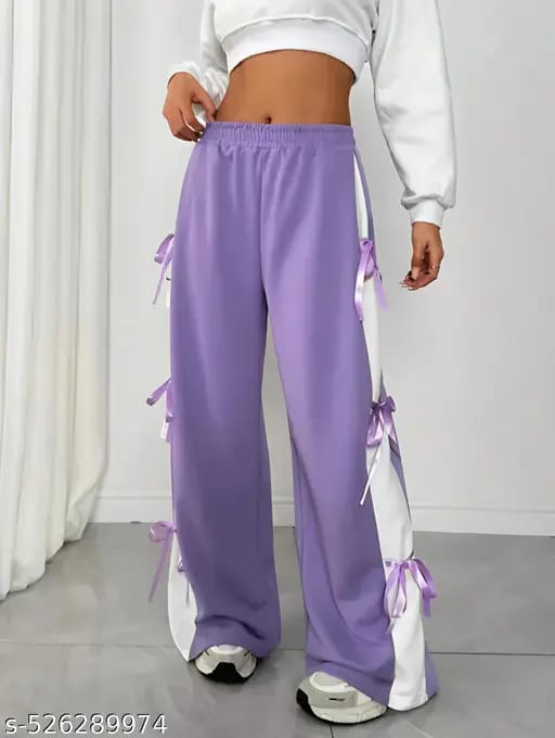 Womens Cute Summer Wide-Leg Trousers with Side Bow Details - Lilac