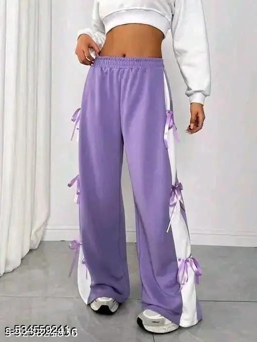 Womens Cute Summer Wide-Leg Trousers with Side Bow Details - Lilac