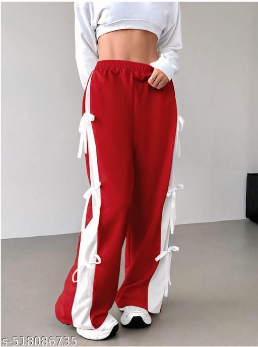 Womens  Cute Summer Wide-Leg Trousers with Side Bow Details - Red