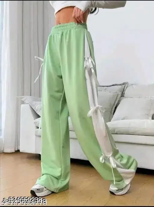 Womens Cute Summer Wide-Leg Trousers with Side Bow Details - Green