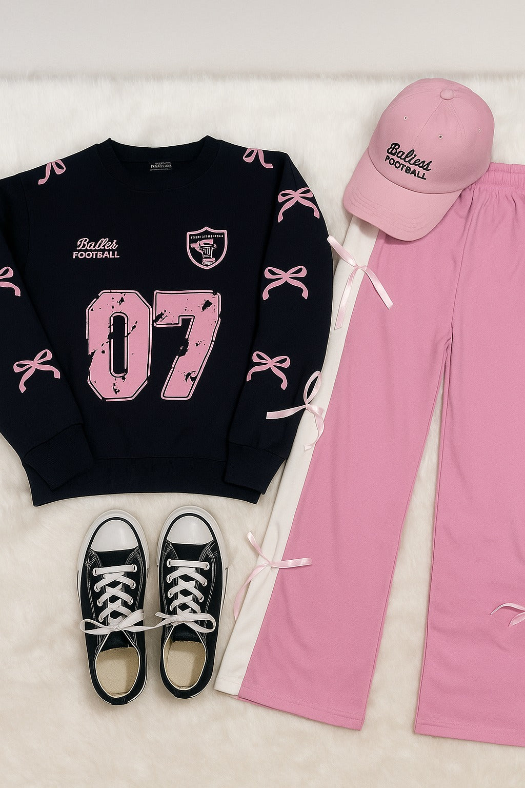Black 07 Ribbon Printed Sweatshirt Paired With Cute Pink Ribbon Trouser Set