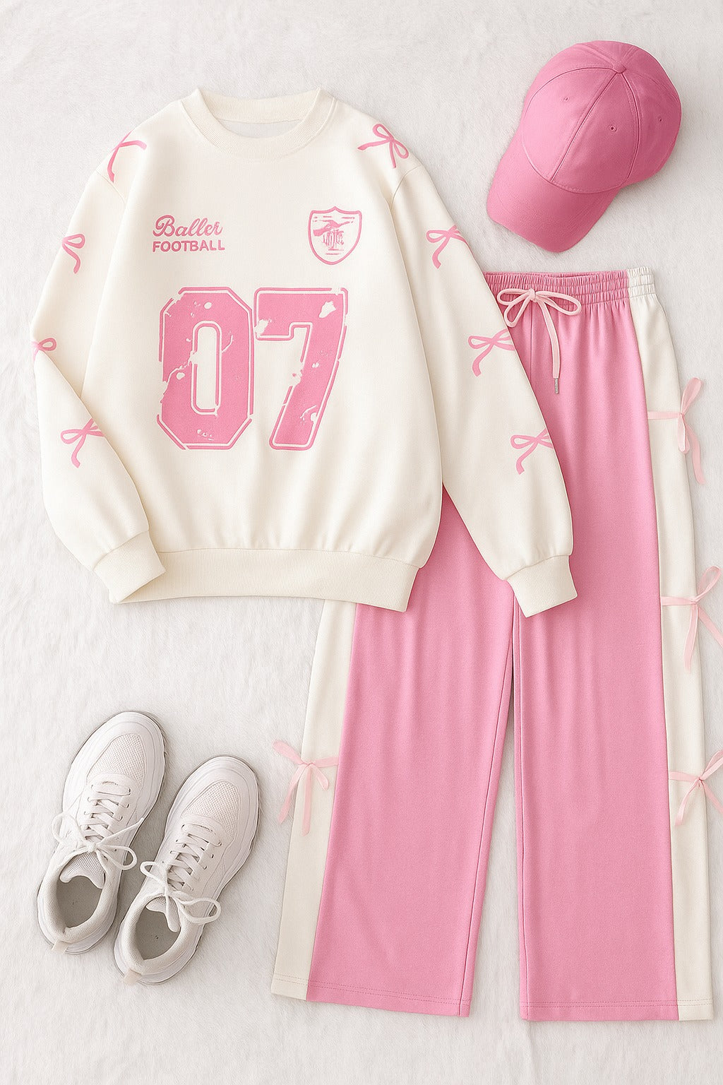 White 07 Ribbon Printed Sweatshirt Paired With Cute Ribbon Trouser