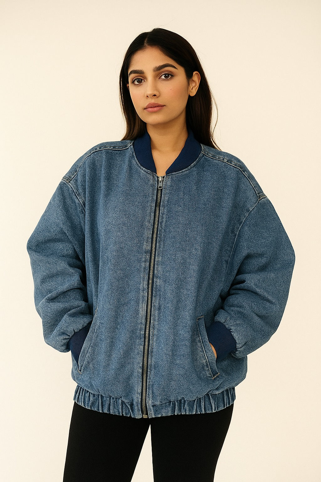 Womens Denim Dream Oversized Bomber Jacket
