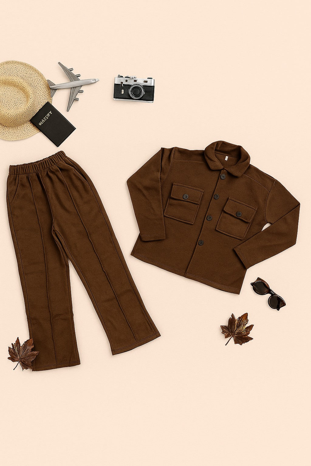 Brown Flap Pocket Fleece Cord Set for Women