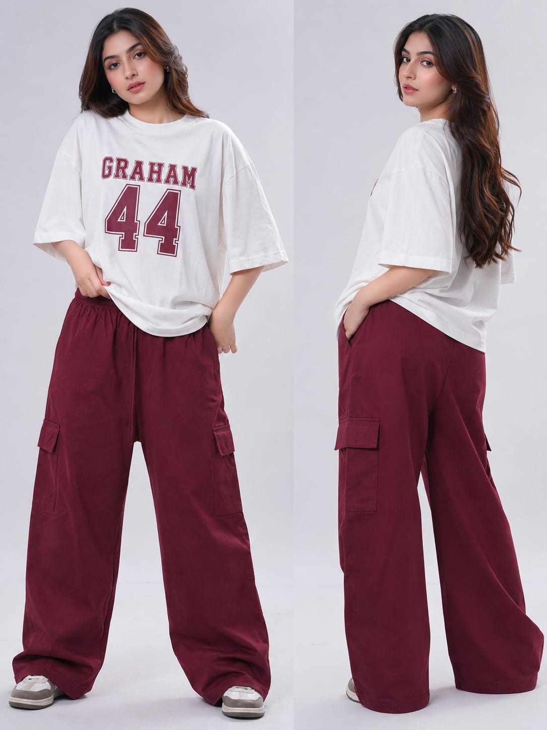 Women's Off Campus Inspired GRAHAM 44 Oversized Tee with Cargo Pants