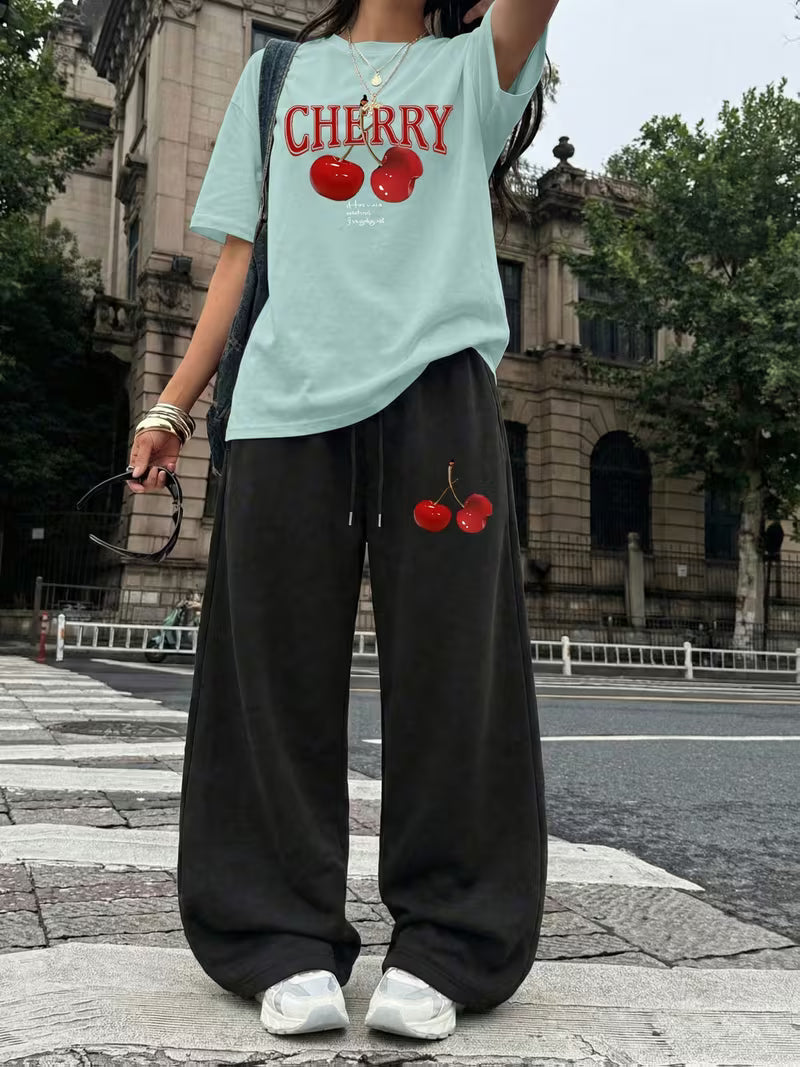 Cherry Graphic Oversized Tee & Wide-Leg Trouser Set - Summer