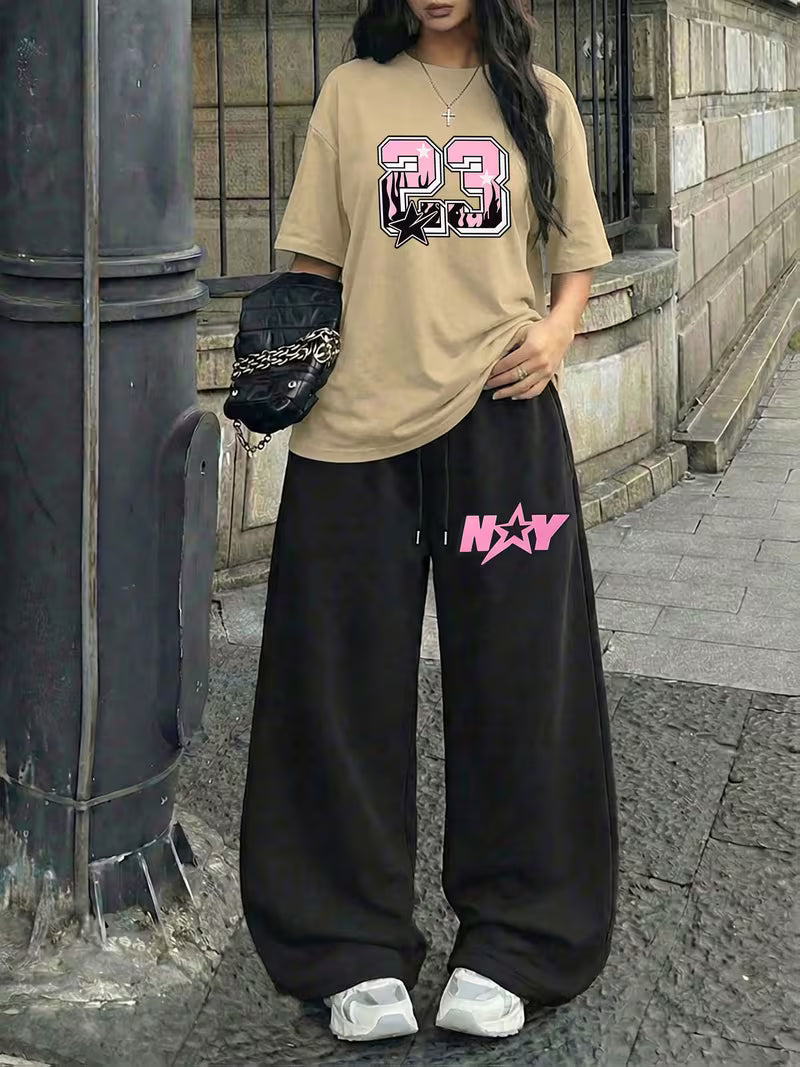Signature NY "23" Oversized Tee &  Black Wide-Leg Trouser Set