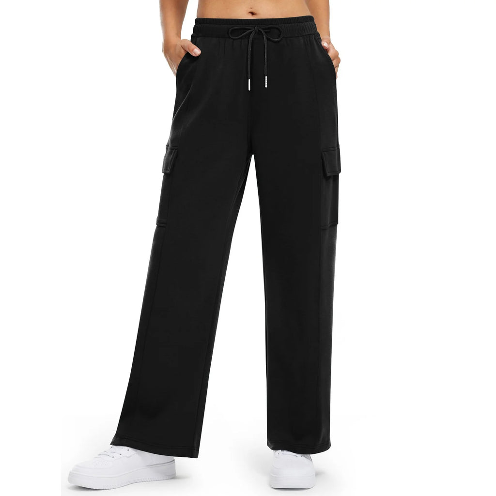 Women's Black Flap Pocket Side Cargo Trouser Drawstring Waist Wide Leg Pants