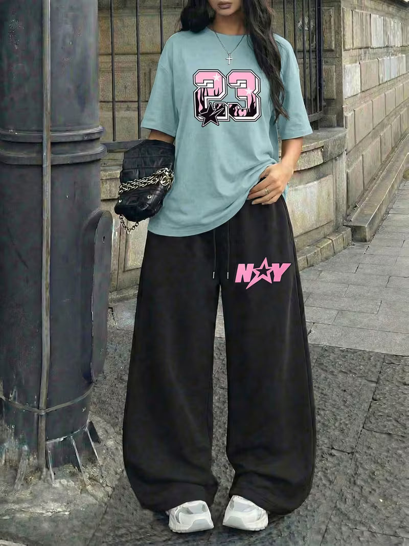 Signature NY "23" Oversized Tee &  Black Wide-Leg Trouser Set