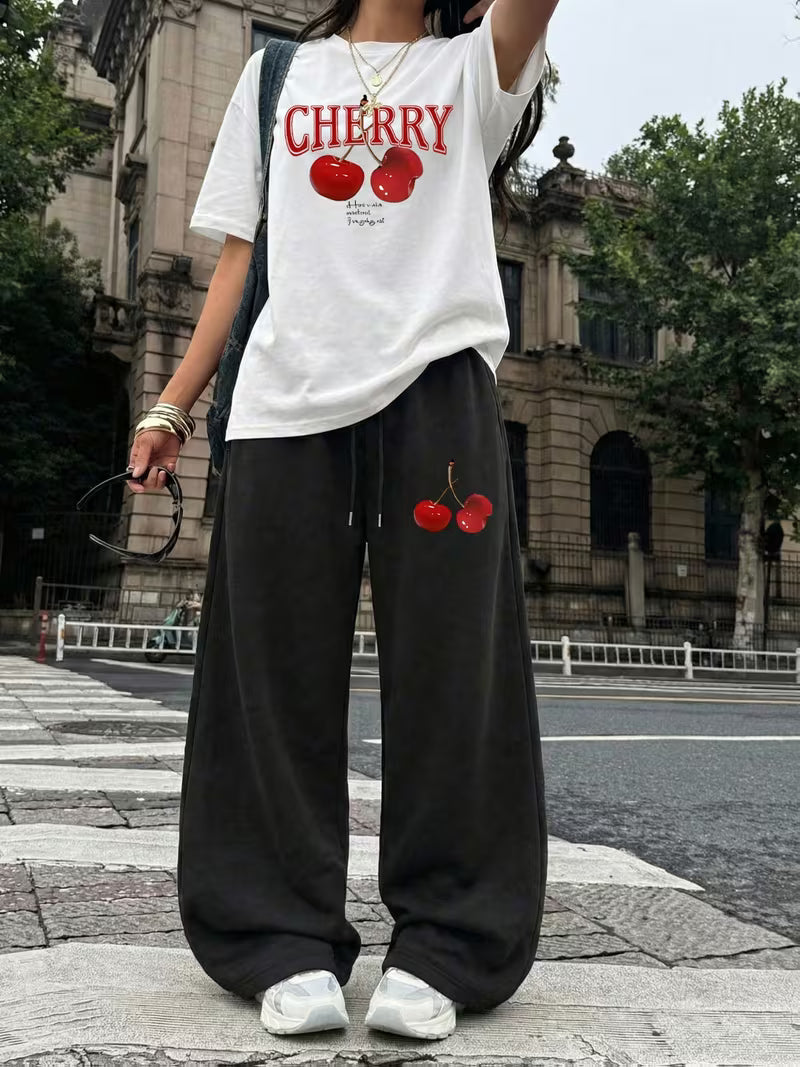 Cherry Graphic Oversized Tee & Wide-Leg Trouser Set - Summer