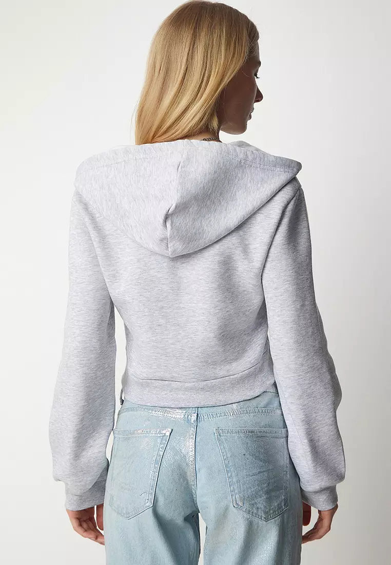 Chic Grey Zipper Crop Hoodie