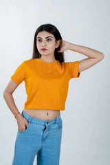 Women's Cotton Plain Round Neck Half Sleeve Crop Top - Mustard