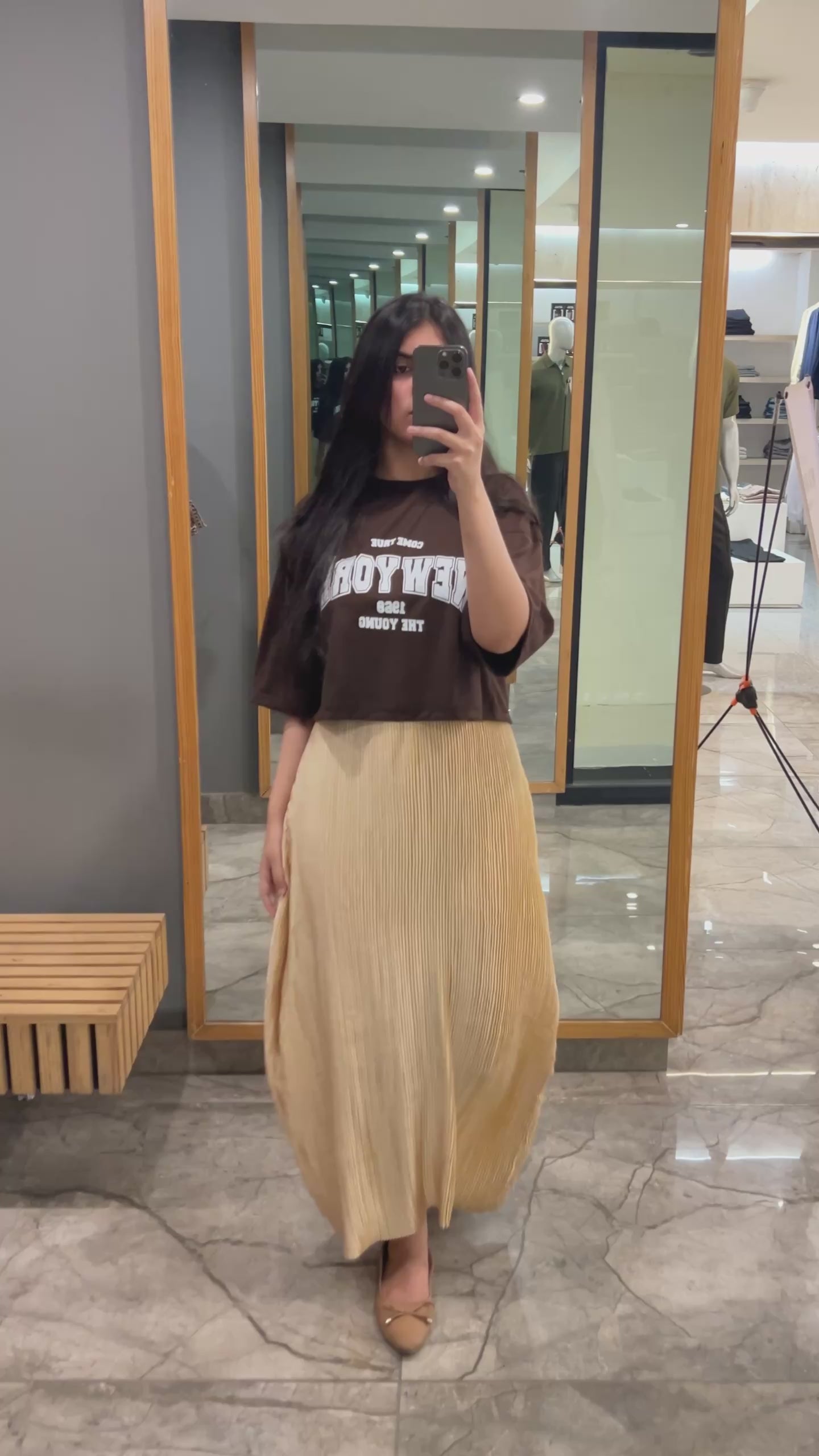 Brown Oversized Croptop With Pleated Silk Skirt - Silk & Swag Set